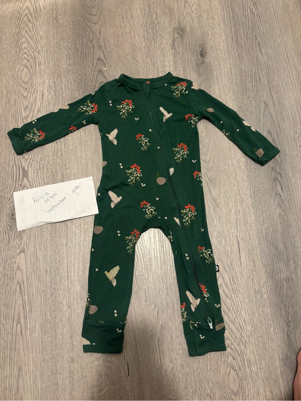 Kyte BABY Forest Green Holiday Bird Zip One-Piece Footie